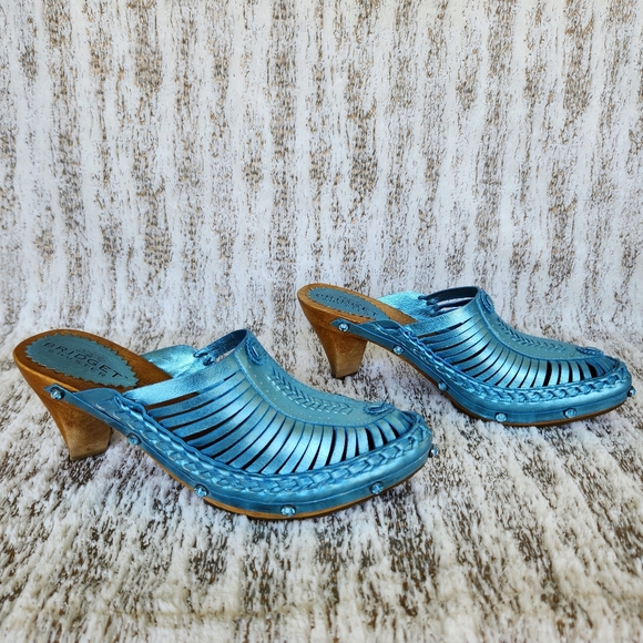 Bridget Shuster "Abba" Metallic Leather Clog Mules Blue Wood | Women's Size 9M - Picture 7 of 13